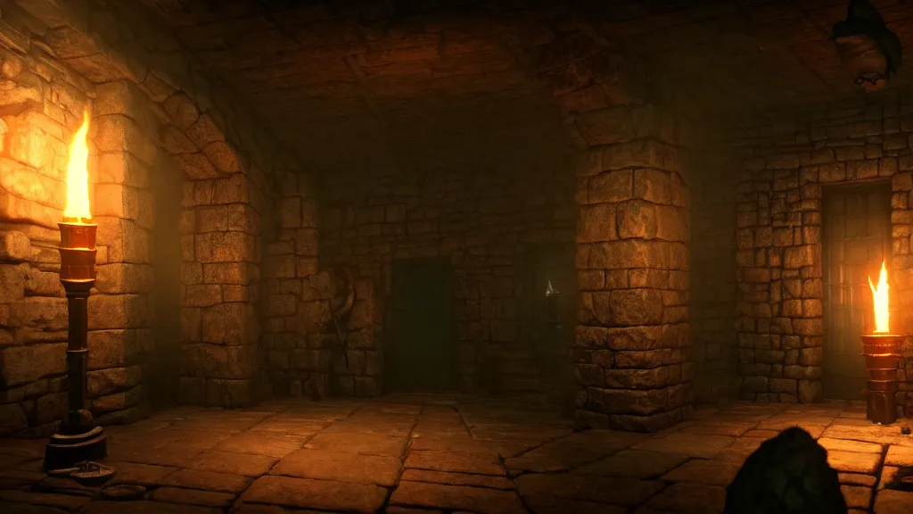 Image similar to delicious torch lit prison dungeon jail cell alchemist light magic atmospheric unreal engine hyperreallistic render 8k character concept art masterpiece screenshot from the video game the Elder Scrolls V: Skyrim moody orange 2700K global illumination