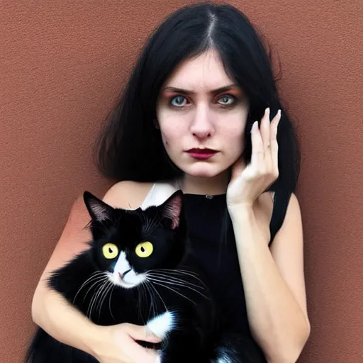 Image similar to a girl with long messy dark hair, ( ( ( goth style ) ) ), shiny eyes, holding a cat in her arms, a stock photo by juan villafuerte, pexels contest winner, high quality photo, rtx, hd, rasquache