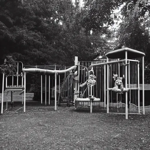 Prompt: a haunted playground from the 1930's complete with a slide and jungle gym, ghost children playing, spooky lighting, horror movie asthetic