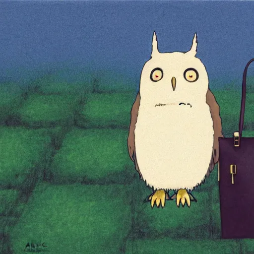 Image similar to still from studio ghibli movie My Neighbor Totoro, Hayao Miyazaki,barn owl in a black suit wearing an office bag going to the office, symetrical face,digital oil painting