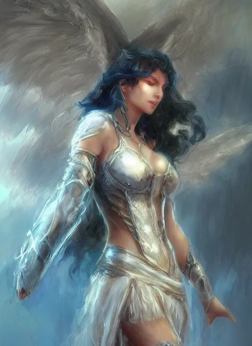 Image similar to concept art, angel knight girl. by artstation trending, by joseph mallord william turner, luis royo, konstantin razumov, cinematic lighting, fractal flame, highly detailed