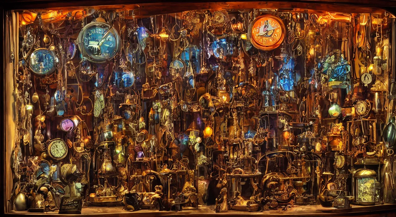 Image similar to steampunk shop window by don bluth, darkness, neon lights, photo realistic, completely filled with interesting oddities, things hanging from ceiling, light bulbs, cinematic