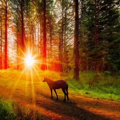 Prompt: a forest with a beautiful sunset, enhanced photo, lens flare passing by, with horse running through trees, 4 k, hd, realistic