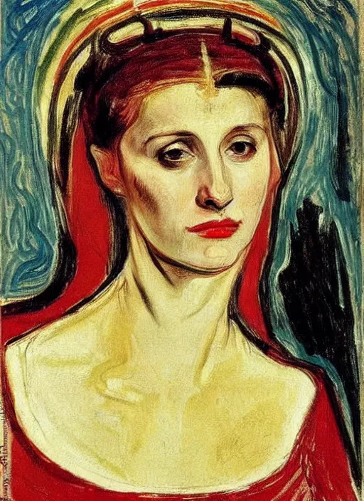 Prompt: portrait of young woman in renaissance dress and renaissance headdress, art by edvard munch