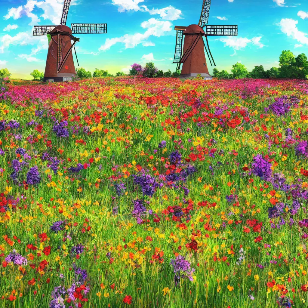 Image similar to scenic view of a flower meadow with a windmill, award - winning anime digital art