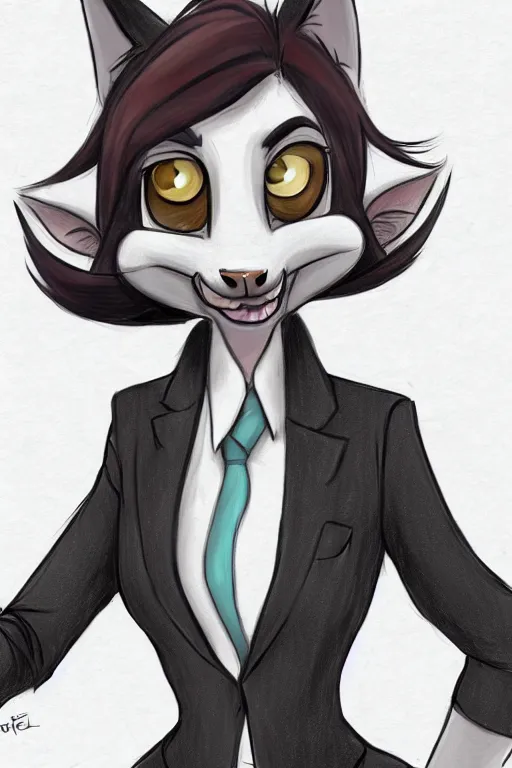 Prompt: drawing of anthromorphic female wolf, in style of cory loftis, female fursona, furry, furaffinity, 4 k, deviantart, furry art, fursona art, wearing black business suit, business suit, in style of zootopia, wolf fursona, cyberpunk, female, very expressive detailed feminine face,