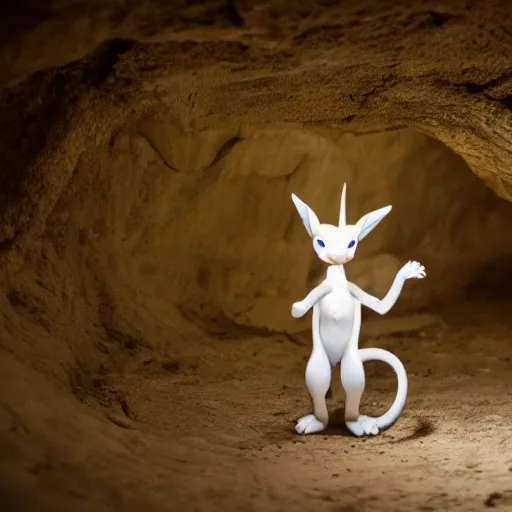 Prompt: national geographic 3 5 mm nature photo of mewtwo in a cave