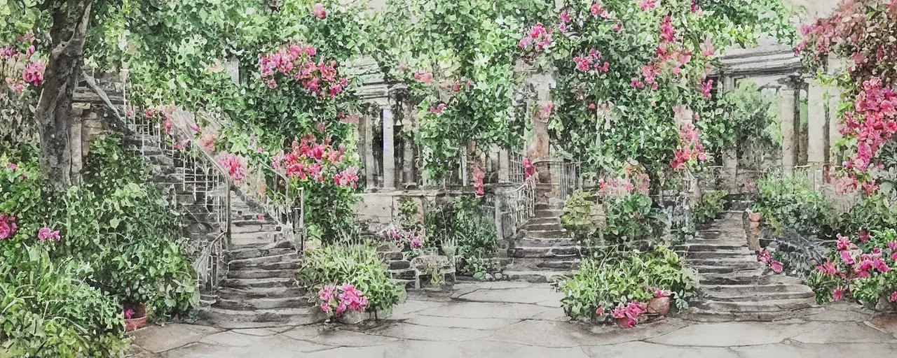 Prompt: isomeric view, stairway, chairs, wrought iron, delicate water in a botanic garden, garden road, sparrows, temple in a botanical herbarium paper, watercolor colored painting, iridescent colors, 8 k, realistic shaded, fine details, artstation, italian style, colonnade, huge flowers, architecture