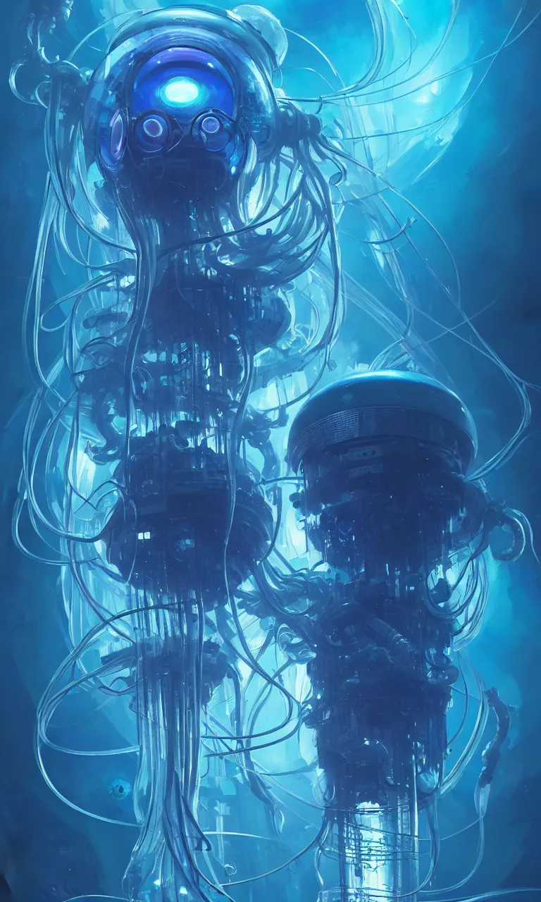 Image similar to detailed cyberpunk jellyfish, blue tones, underwater, full frame, highly detailed, digital painting, artstation, concept art, smooth, sharp focus, illustration, art greg rutkowski and alphonse mucha