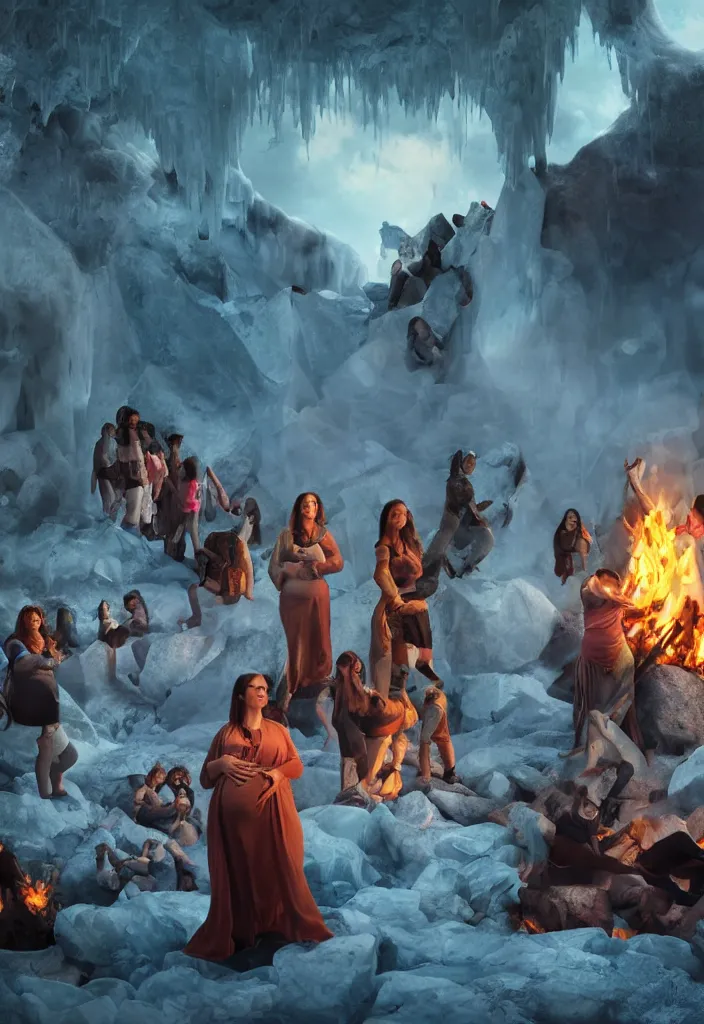 Image similar to epic leader pregnant woman talking to all her tribe around a bonfire, proud people looking at the pregnant woman, ice cave, facinating, fantasy digital art, octane render, beautiful composition, trending on artstation, award - winning photograph, masterpiece