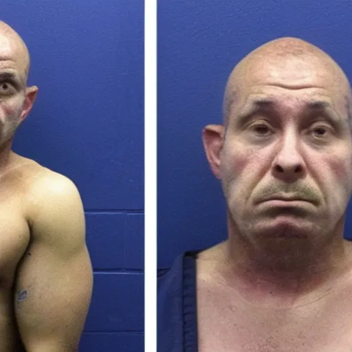 Image similar to inmate body with chicken face, mugshot in a police station