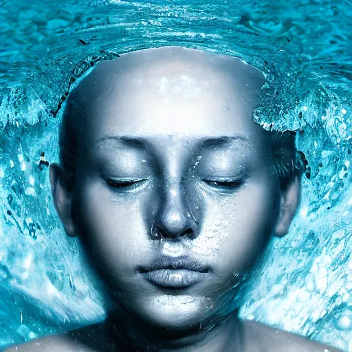 Prompt: water artwork manipulation in the shape of a human head on the ocean, in the style of johnson tsang, ray tracing, sharp focus, realistic water, long shot