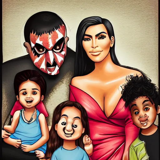 Image similar to Family portrait of Kim Kardashian and husband Freddy krueger with their 3 children. illustration, highly detailed