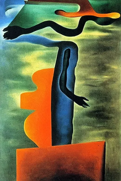 Prompt: born under a bad sign, good luck and trouble are my only friends, colors orange, white!!, dark green, dark blue, surreal abstract painting by salvador dali and max ernst
