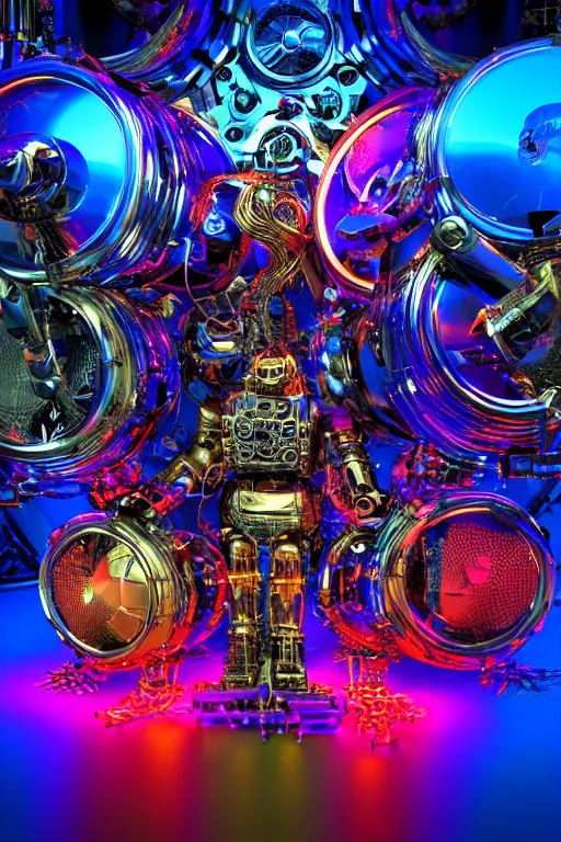 Image similar to portrait photo of a giant huge golden and blue metal futuristic humanoid steampunk robot drummer covered with multicolored big gears and tubes, a huge red drumset, eyes are glowing red lightbulbs, shiny crisp finish, 3 d render, 8 k, insaneley detailed, fluorescent colors, background is multicolored lasershow