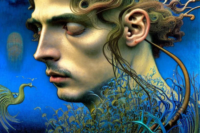 Image similar to realistic detailed portrait painting of a beautiful man with bird head, nightly graveyard landscape background by Jean Delville, Amano, Yves Tanguy, Max Ernst, Alphonse Mucha, Ernst Haeckel, Edward Robert Hughes, Roger Dean, masterpiece, cinematic composition, dramatic pose, 4k details, rich moody colours, blue eyes