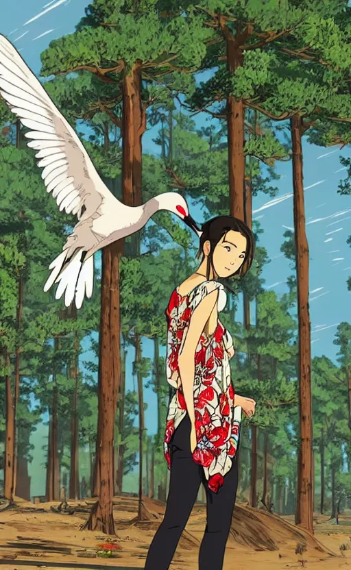 Image similar to gta5, by studio ghibli, eiichiro oda style, girl next to a japanese crane bird in japanese pines, trading card front, kimono, realistic anatomy, concept art, sun in the background