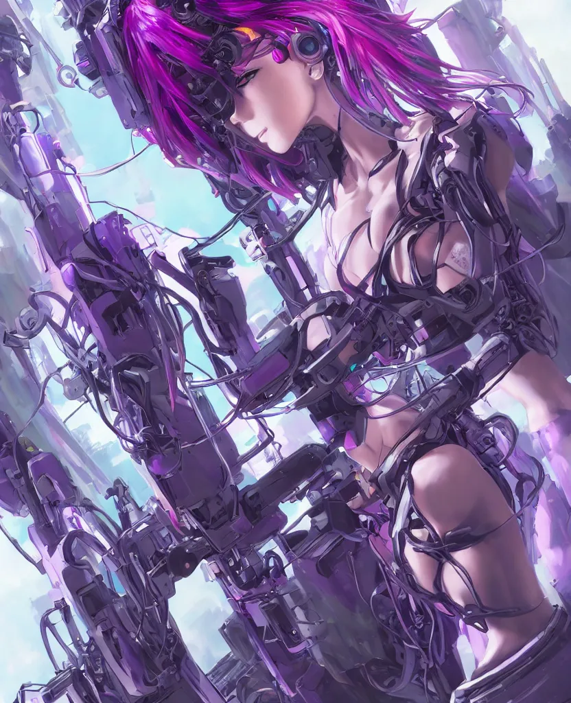 Image similar to A beautiful painting of a cyberpunk anime girl with purple hair and an a huge robot arm sensual stare, augmentations and cybernetic enhancements neon circuits, by Stanley Artgerm Lau, WLOP, Rossdraws, James Jean, Andrei Riabovitchev, Marc Simonetti, and Sakimichan, trending on artstation, hyperrealist, cinema4D, 8k highly detailed ❤️‍🔥 🔥 💀 🤖 🚀