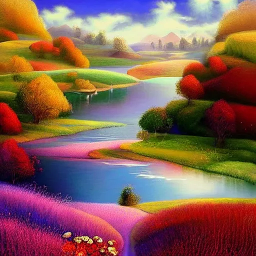 Image similar to A beautiful digital art of of a landscape. It is a stylized and colorful view of an idyllic, dreamlike world with rolling hills, peaceful looking animals, and a flowing river. The scene looks like it could be from another planet, or perhaps a fairy tale. mint, airbrush by Mandy Disher exciting