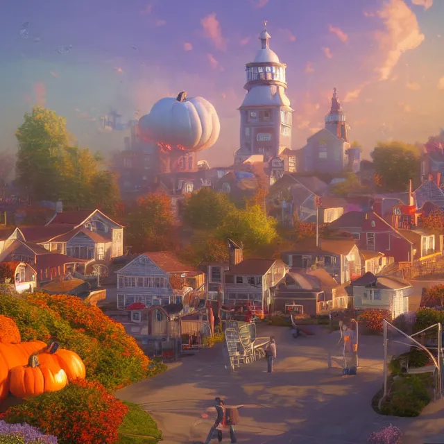 Prompt: portsmouth new hampshire fantasy city with giant pumpkin planet in sky, chimneys on buildings, pumpkin people, fall foliage, over the garden wall, thomas kinkade, light cinematic, otherworldly, volumetric, realistic, cinematic lighting, ray tracing, unreal engine 5, unreal engine render, octane render, hyper realistic, photo, 8 k