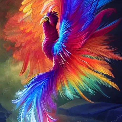 Image similar to cute flying chinese phoenix, sparkling bird eyes, embers in her bird eyes, shining rainbow feathers, sharp features, flowing fiery multicolor feathers, highly detailed, digital painting, artstation, concept art, smooth, sharp focus, beautiful rainbow feathers, expressive eyes, illustration, phoenix art by Artgerm and greg rutkowski