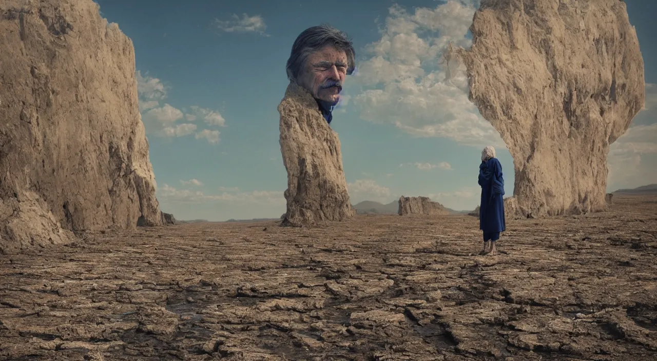 Prompt: 65-year-old Gaia Titan crying one emotionless tear, facing the camera and sitting on a dried up river in a desolate land, blue sky, hot and sunny, highly-detailed, elegant, dramatic lighting, artstation, 4k, cinematic landscape, photograph by Elizabeth Gadd