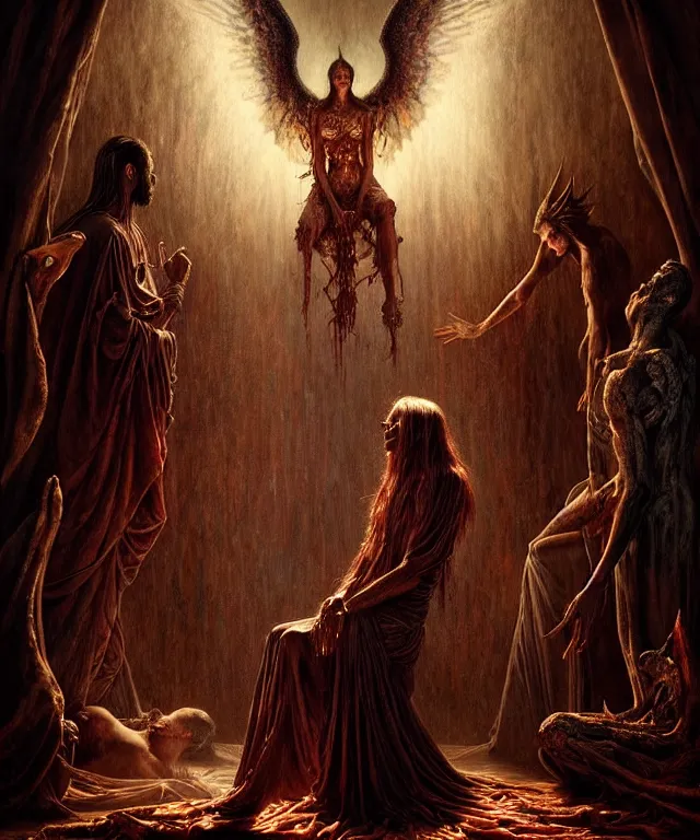 Image similar to epic professional digital art of god's bargain with lucifer, horrific yet beautiful vibe, evocative, atmospheric lighting, painted, intricate, highly detailed, by leesha hannigan, wayne haag, reyna rochin, ignacio fernandez rios, mark ryden, iris van herpen, artstation, cgsociety, stunning, gorgeous, sharp focus, cinematic, masterpiece