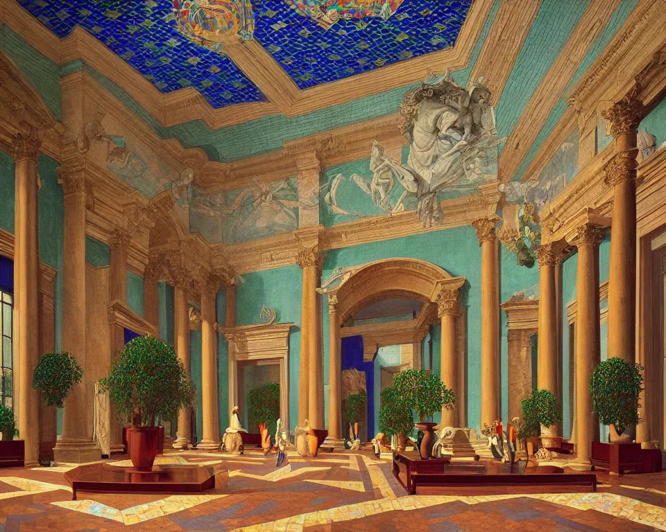 Prompt: an achingly beautiful print of the interior of a posh art museum with vibrant mosaics covering the walls, potted plants, and classical antiquities by Raphael, Hopper, and Rene Magritte. detailed, romantic, enchanting, trending on artstation.