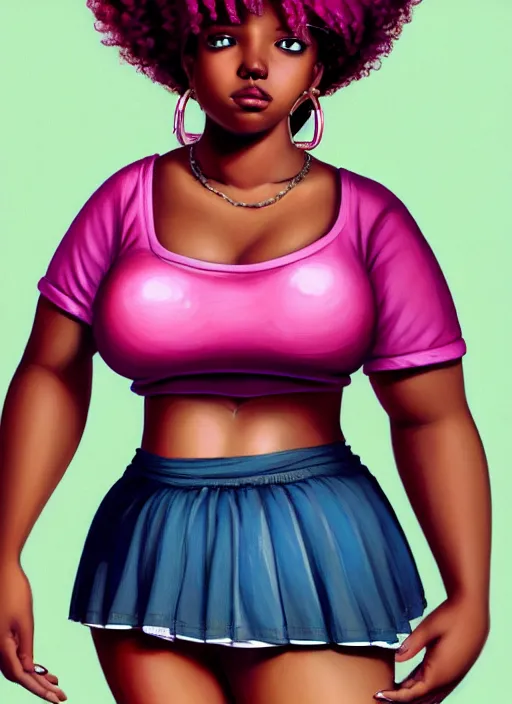 Image similar to full body portrait, teenage vanessa morgan, pink hair, obese, black girl, curly pixie hair, sultry, realistic, short hair, hoop earrings, skirt, shirt, fat, belly, intricate, elegant, highly detailed, digital painting, artstation, concept art, smooth, sharp focus, illustration, art by wlop, mars ravelo and greg rutkowski