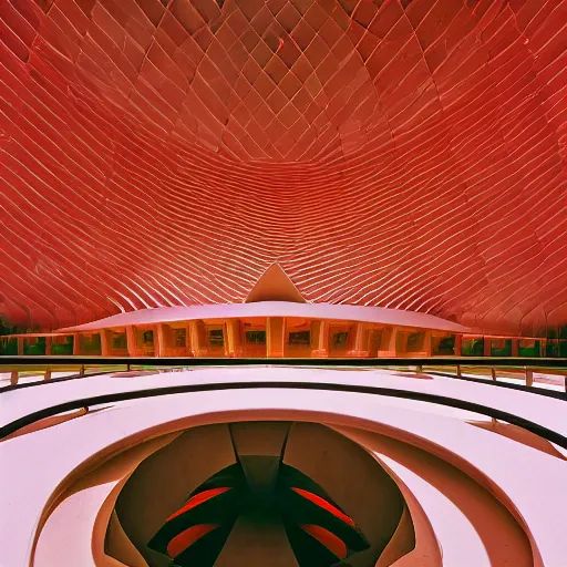 Image similar to interior of a futuristic lotus temple with gold, red and white marble panels, in the desert, by buckminster fuller and syd mead, intricate contemporary architecture, photo journalism, photography, cinematic, national geographic photoshoot