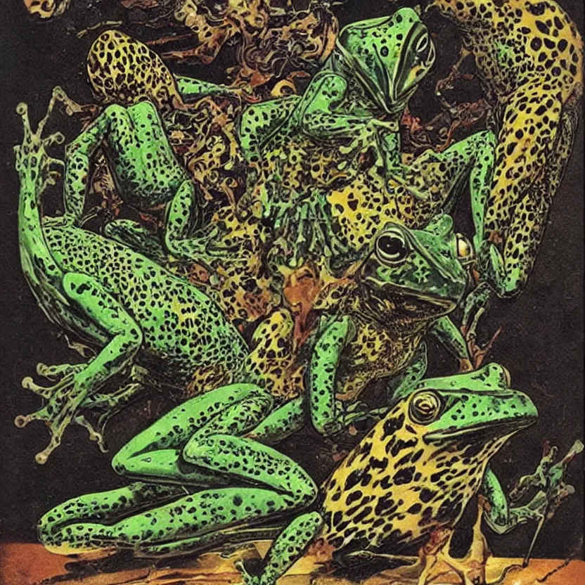 Prompt: alien frog, cheetah, and bird. strange anatomy. pulp sci - fi art.