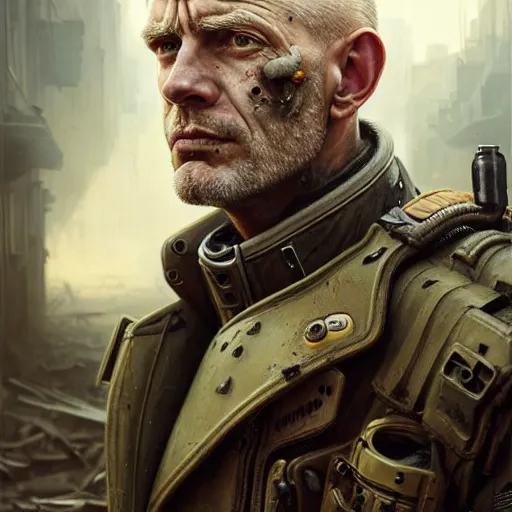 Prompt: portrait painting of a post - apocalyptic blonde older male soldier wearing dieselpunk power armor, ultra realistic, concept art, intricate details, eerie, highly detailed, photorealistic, octane render, 8 k, unreal engine. art by artgerm and greg rutkowski and charlie bowater and magali villeneuve and alphonse mucha