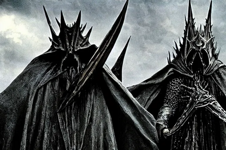 Image similar to the witch king of angmar in the style of h. r. giger, photorealistic movie still from the lord of the rings directed by ridley scott, battle in the background, cinematic