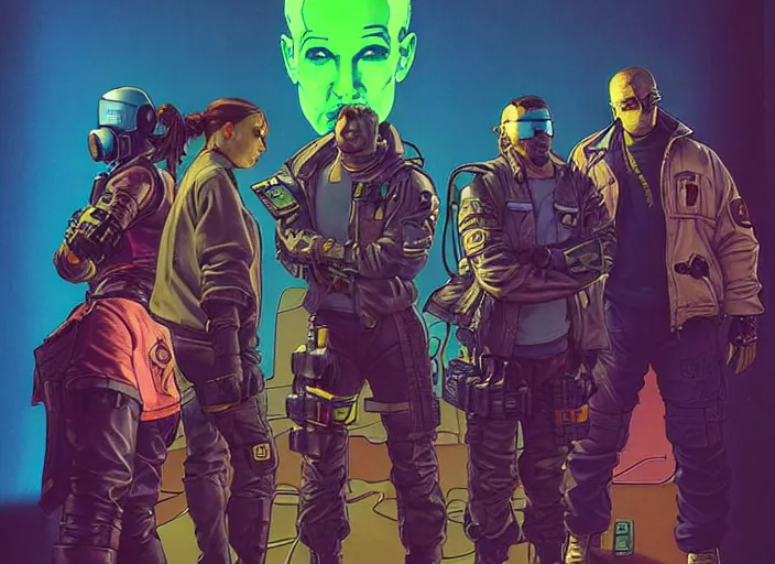 Image similar to cyberpunk hazmat team. portrait by stonehouse and mœbius and will eisner and gil elvgren and pixar. character design. realistic proportions. cyberpunk 2 0 7 7 character art, blade runner 2 0 4 9 concept art. cel shading. attractive face. thick lines. the team. diverse characters. shadowrun.