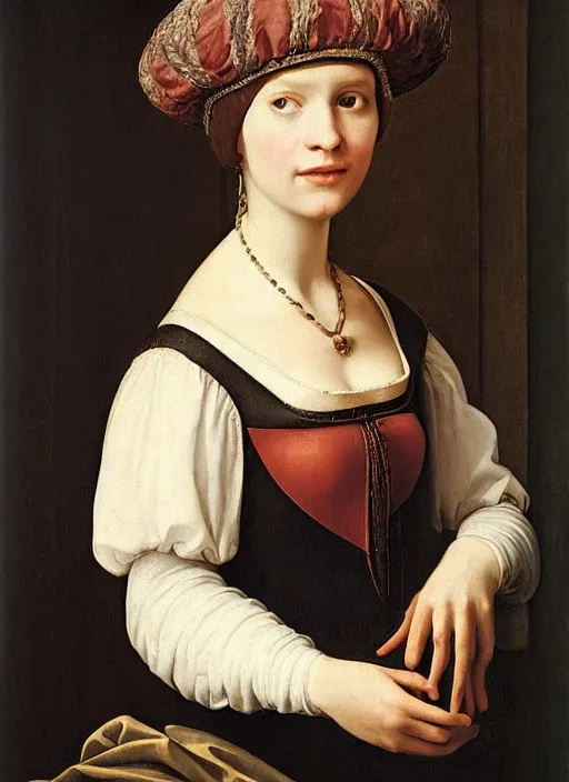 Prompt: portrait of young woman in renaissance dress and hatart by petrus christus,