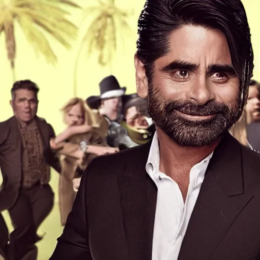 Image similar to UHD candid photo of panicked John Stamos being chased by the lollipop guild, UHD, photorealistic, correct face, photo by Annie Leibowitz