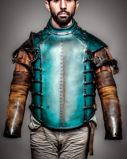 Image similar to an award - winning photo of a ancient male model wearing a plain baggy teal distressed medieval designer menswear leather jacket slightly inspired by medieval armour designed by kanye west, 4 k, studio lighting, wide angle lens