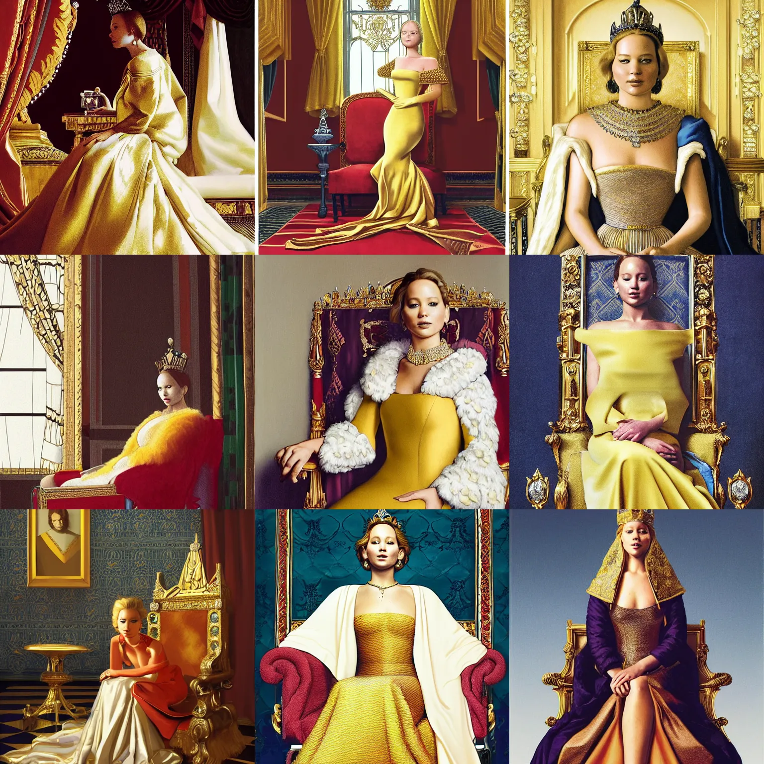 Prompt: regal Jennifer Lawrence sitting on queens throne royalty wearing royal mantle gold jewelry by alex ross by moebius and atey ghailan by james gurney by vermeer by George Stubbs