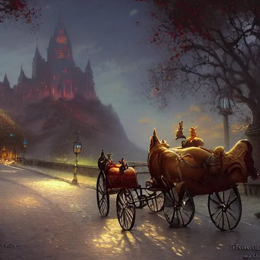 Prompt: greg rutkowski and thomas kinkade, salvador dali, horse and carriage house