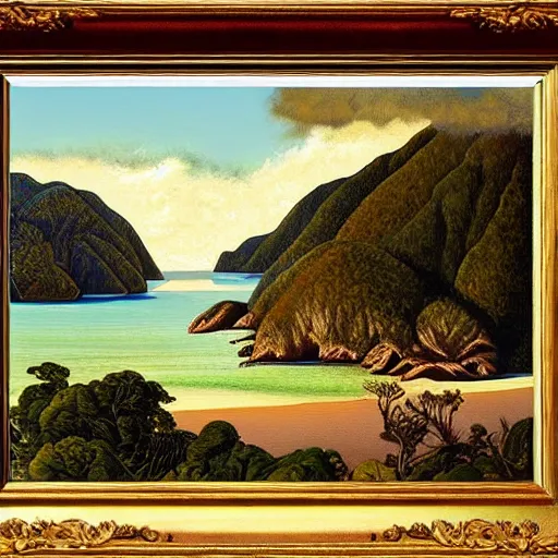 Image similar to golden bay abel tasman new zealand, rococo art style, highly detailed, highly detailed ethereal surrealist art