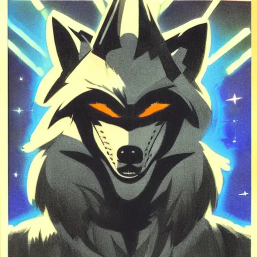 Image similar to 1 9 8 0 s video game art of anthropomorphic wolf o'donnell from starfox fursona furry wolf in a dark space mercenary uniform, looking heroic, magazine scan, 8 0 s game box art, dark grey wolf o'donnell