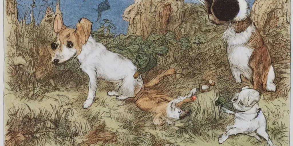 Prompt: jack russel dog, sprite sheet illustrated by peggy fortnum and beatrix potter and sir john tenniel