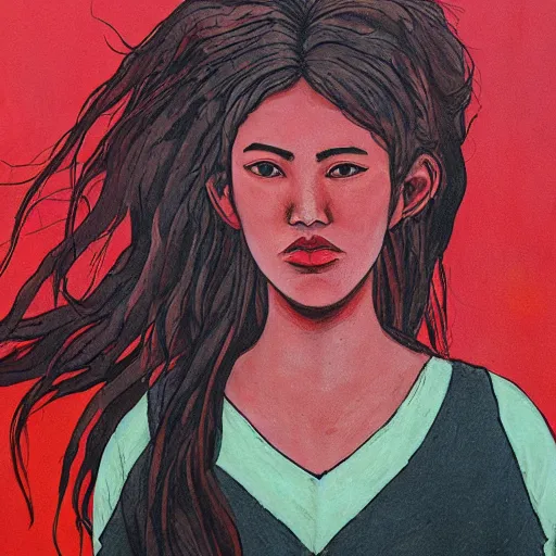 Image similar to navajo red by zeen chin, by sam bosma placid, bleak. a beautiful street art of a woman with long flowing hair, wild animals, & a dark, starry night sky.