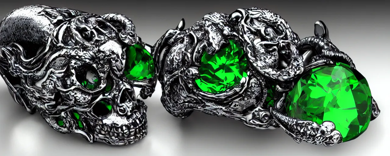 Image similar to simple magic ring of poison, ring, skull, tentacles, green, black, purple. smooth shank, crystals, engravings, product design, jewelry, colorful, art by gerald brom, greg rutkowski and artgerm, photo realism, unreal engine, c 4 d