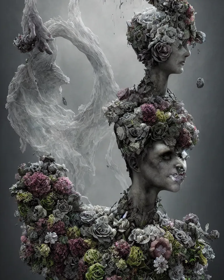 Image similar to portrait of gothic cemetery statue breaking apart, made of mist, made of flowers, Andrew Ferez, Charlie Bowater, Marco Mazzoni, Seb McKinnon, Ryohei Hase, Alberto Seveso, Kim Keever, trending on cgsociety, featured on zbrush central, new sculpture, mystical