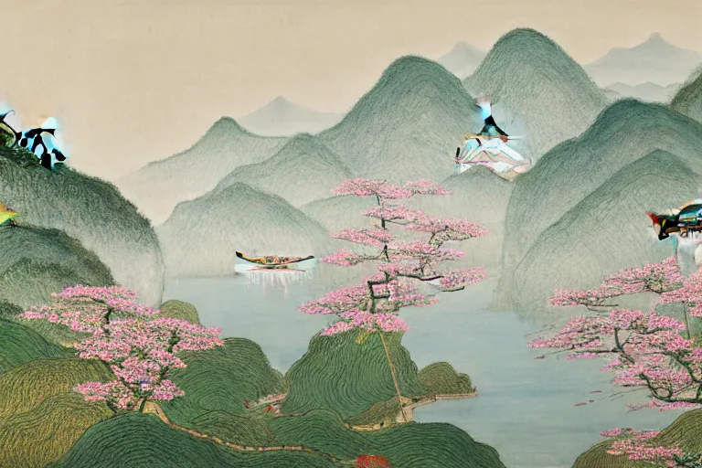 Prompt: an ultradetailed landscape painting of westlake in china hangzhou, pagodas on hills, may flowers blossoms nearby, fine wind, chinese water color, smooth, sharp focus, illustration, by hilma af klint, 8 k