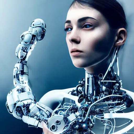 Prompt: breathtaking symbiosis of man and cyborg, beautiful girl, 3 d, ultra nd, detail, combination of man and machine, hyperrealism 4 k,