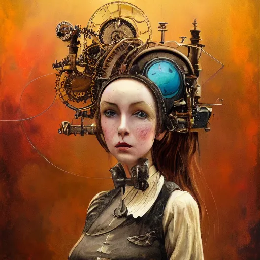 Image similar to a painting of a steampunk female character by gediminas pranckevicius and seb mckinnon, artstation, impressionism, acrylic art, dye - transfer, speedpaiting, oil on canvas