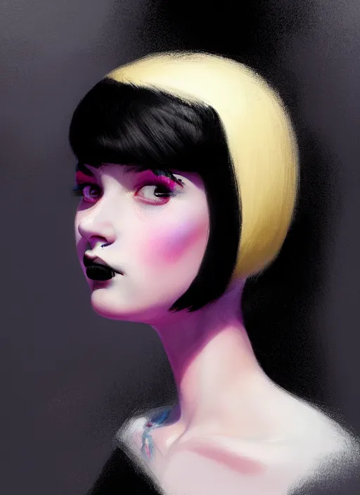 Prompt: portrait of a teen girl with a crooked nose and a confident expression, 1 9 6 0 s, black clothes, goth, punk, brightly coloured hair, funk, intricate, elegant, highly detailed, digital painting, artstation, concept art, smooth, sharp focus, illustration, art by wlop, mars ravelo and greg rutkowski