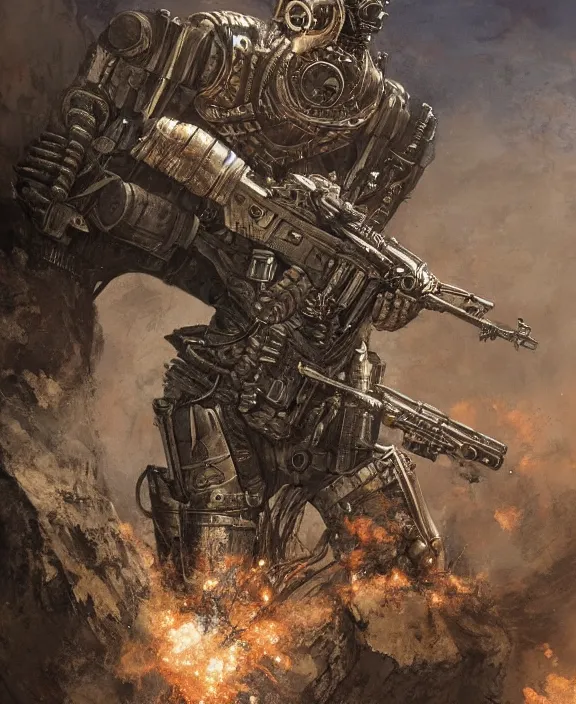 Image similar to a soldier in steampunk armour firing his gun in a deadly world war, by HR Giger and Beksiński and Stephan Martiniere , 4k resolution, detailed, trending on artstation